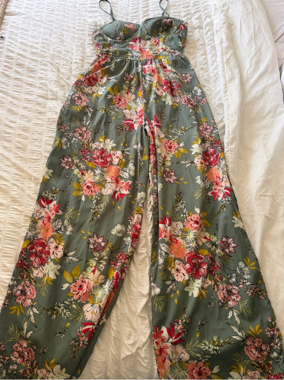 Floral Bustier Wide‑Leg Jumpsuit in Sage Green